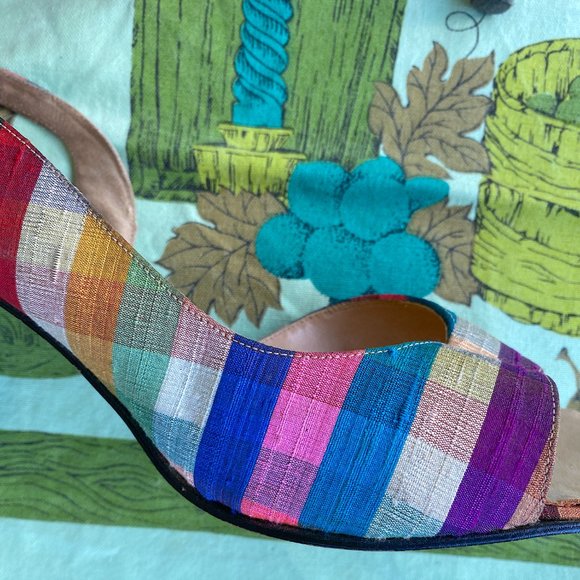 Vintage 1950s 1960s Spring Rainbow Plaid Silk Palter DeLiso Sandals Size US 9M - Picture 8 of 12